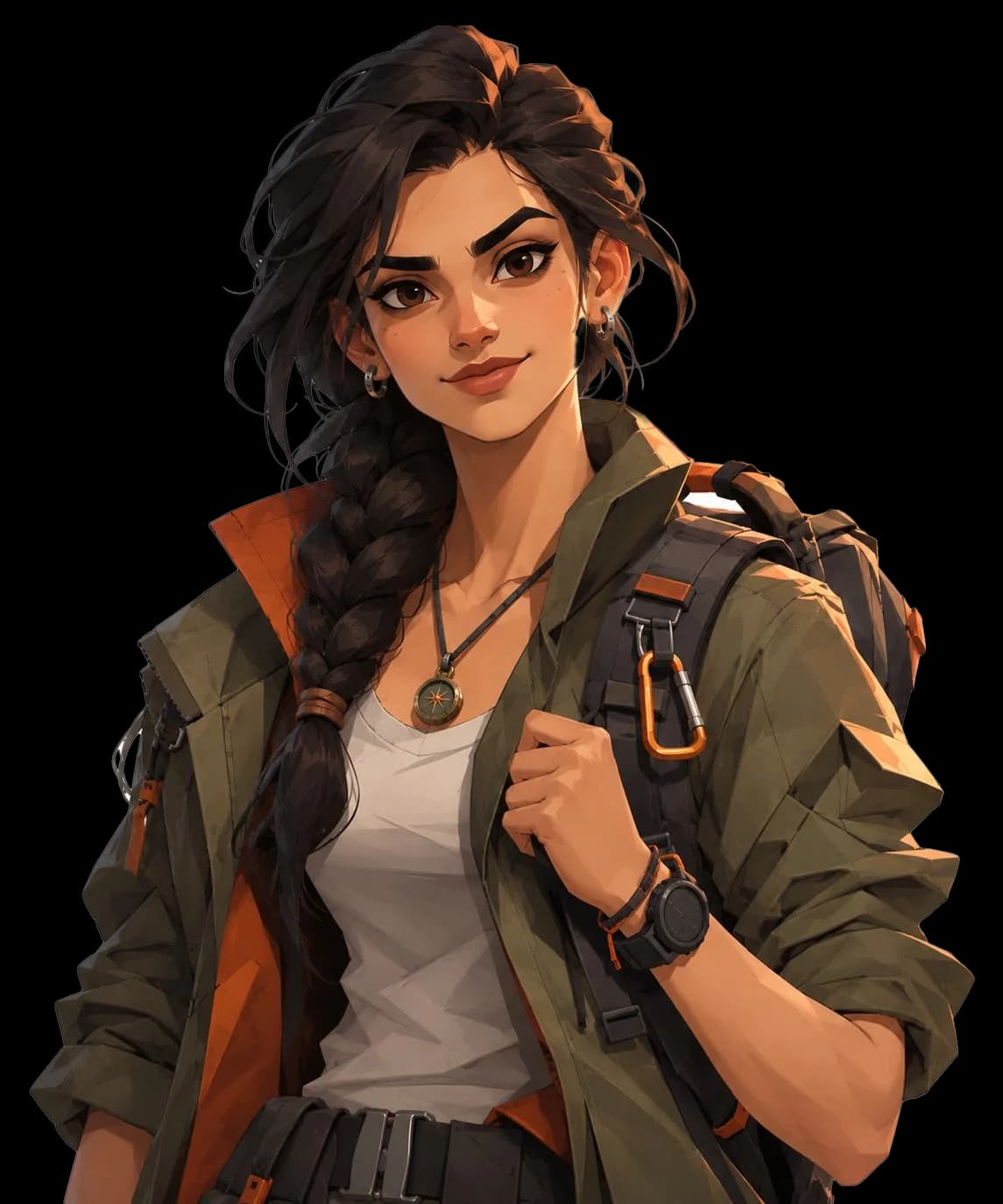 Aria, a smiling traveler with a long braid, an olive jacket and a backpack