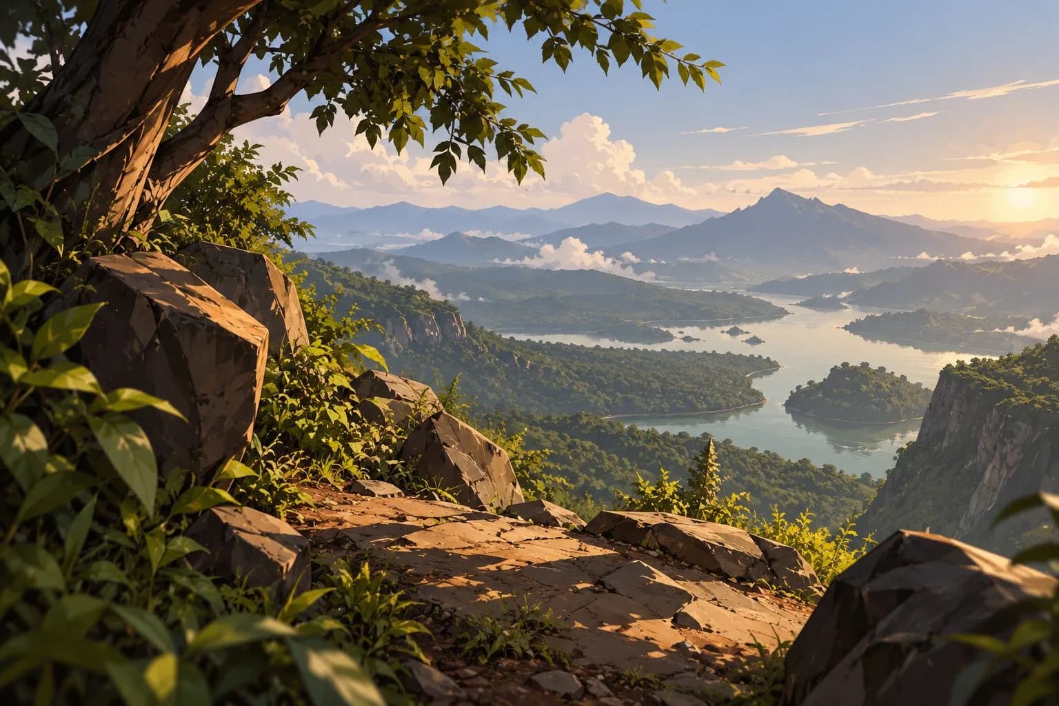 A forested mountain valley under soft clouds at sunset