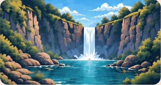A waterfall dropping into a blue pool between forested cliffs