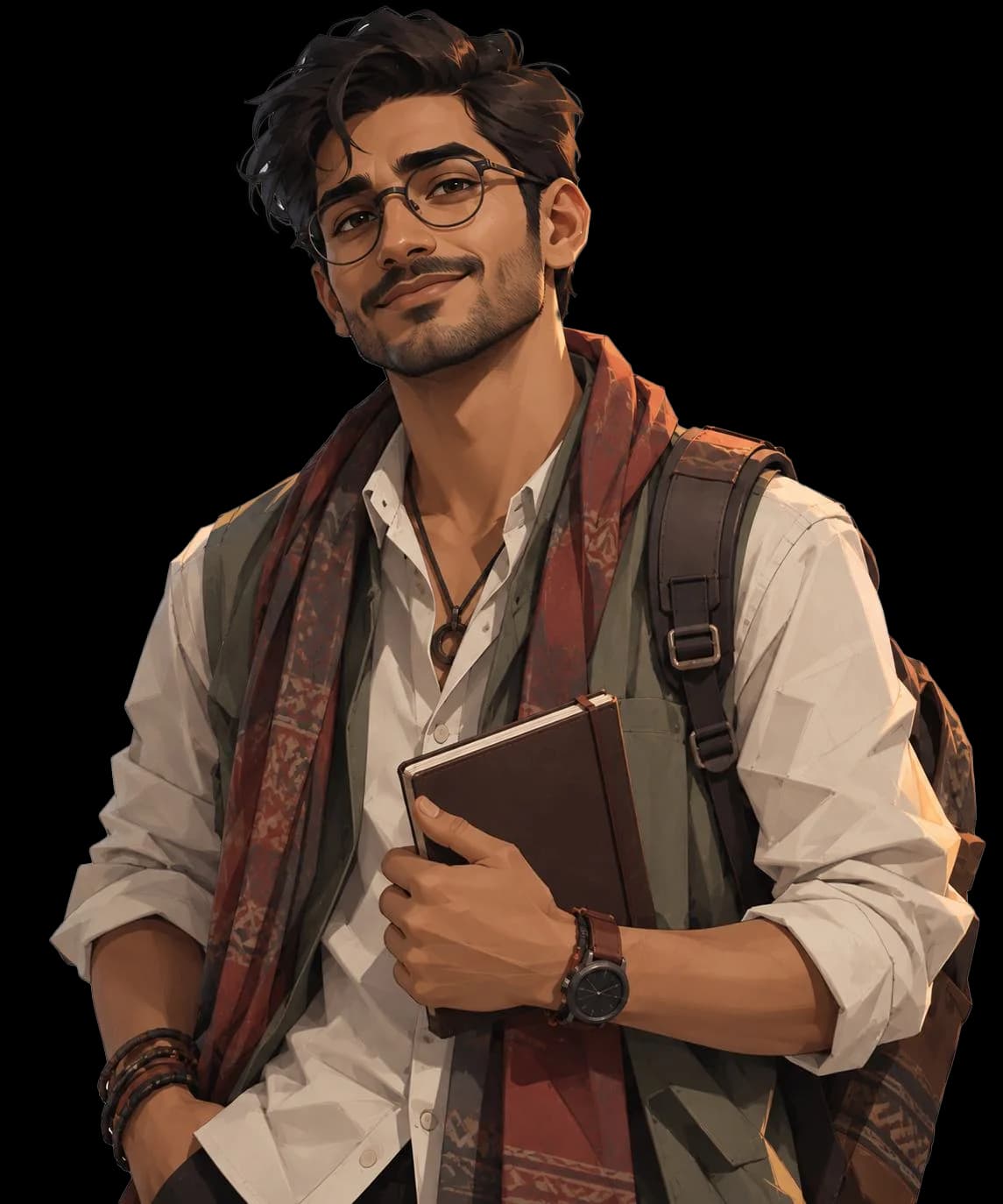 Dev, a smiling traveler with glasses, a scarf and a notebook