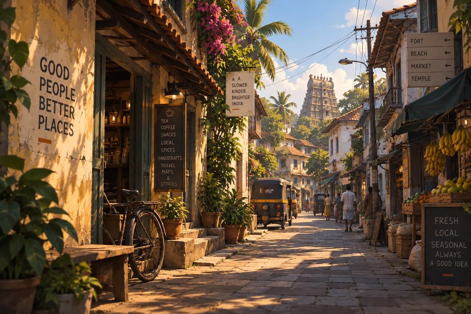 A sunlit street in a southern Indian town with auto-rickshaws and tiled roofs