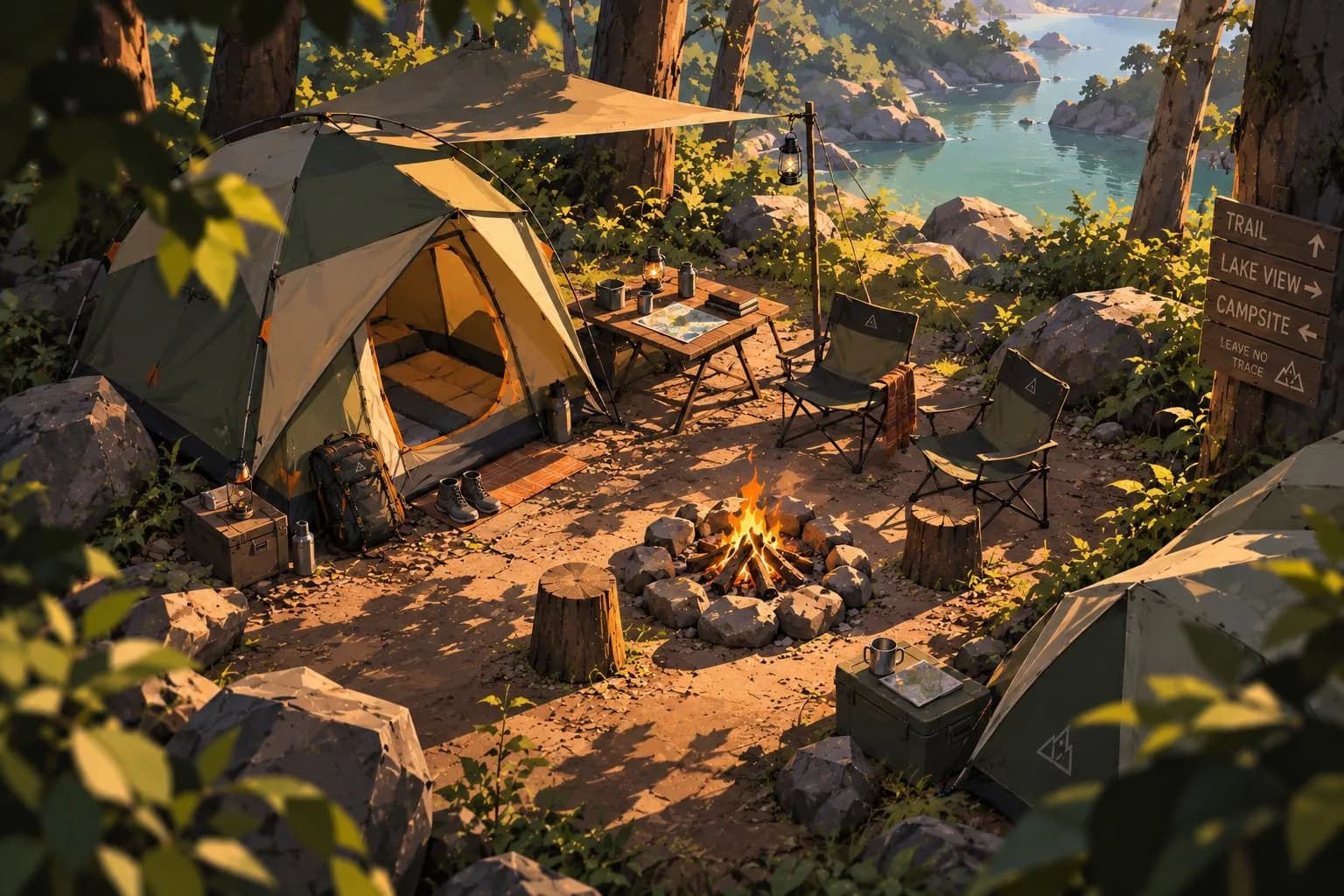 A campsite at dusk with a tent, a campfire and a mountain view