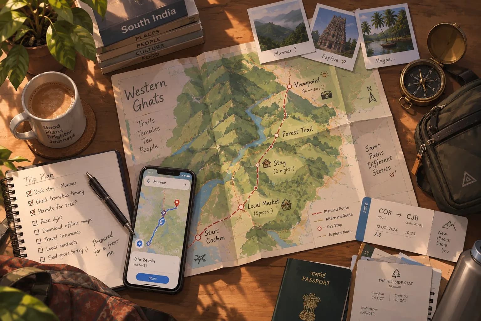 A desk with a Western Ghats map, a phone showing a route, a trip-plan notebook, a mug and a compass