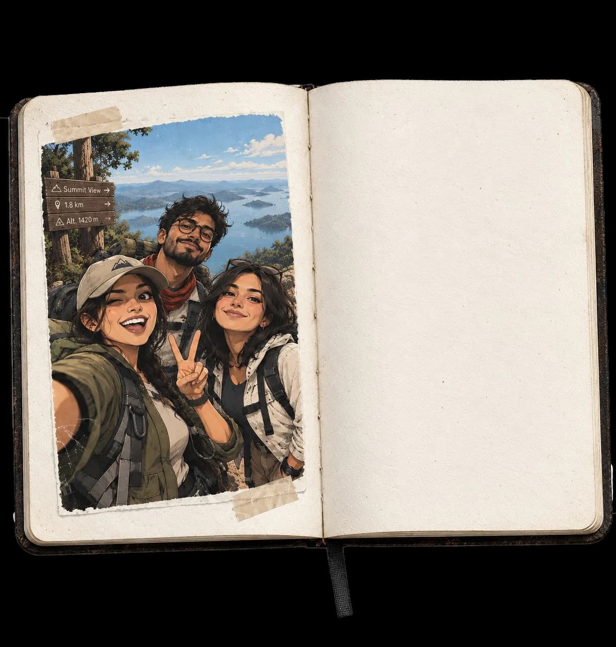 An open travel notebook. On the left page, taped in, is a photo of three smiling travelers on a mountain summit; the right page is blank.