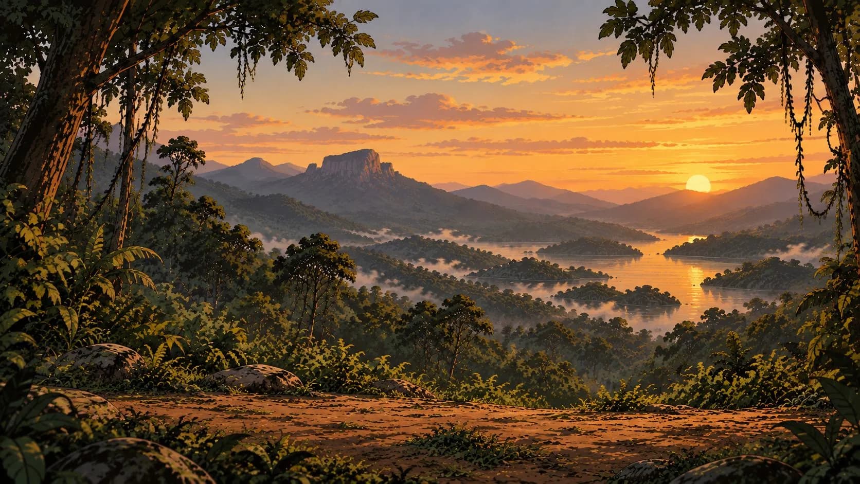 A forested valley at sunset